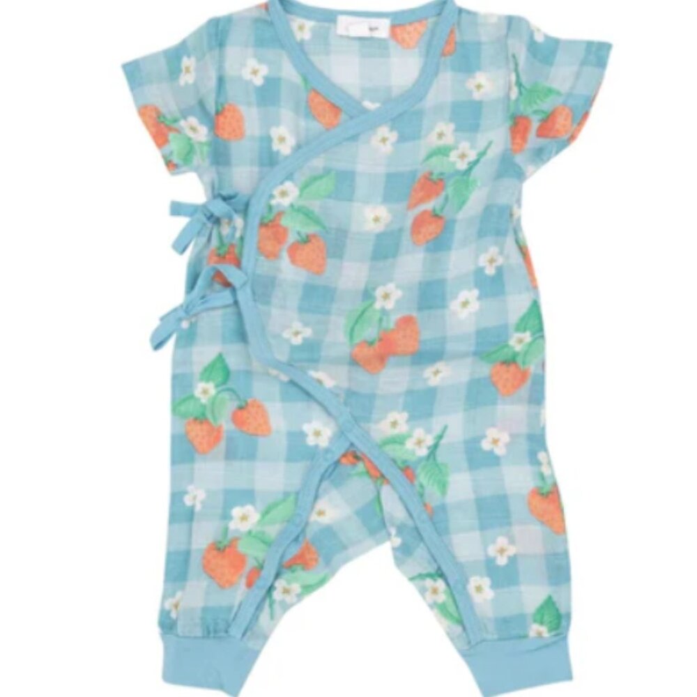 Angel Dear Strawberry Gingham wrap coverall one piece (NWOT)